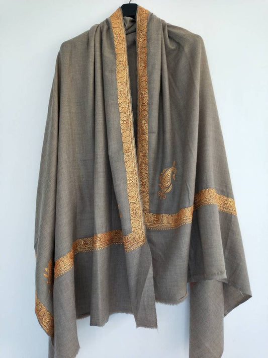 Handcrafted pure kashmir pashmina natural Tan shawl Hand tilla embroidery, Anniversary gift, Gift to bride, Bridal party gift, Bachelorette