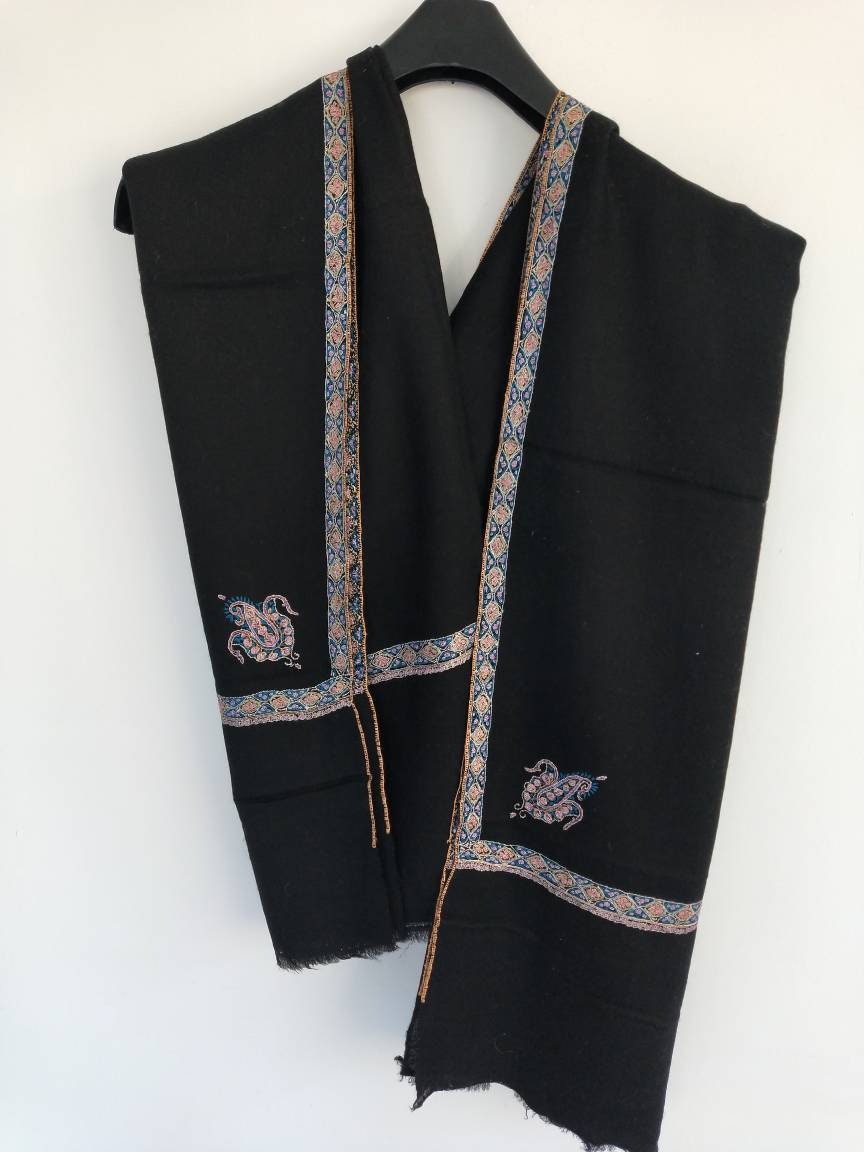 Black cashmere border embroidered pashmina, evening wrap, wedding shawl, cashmere stole, fashion Accessory, super soft  light weight shawl
