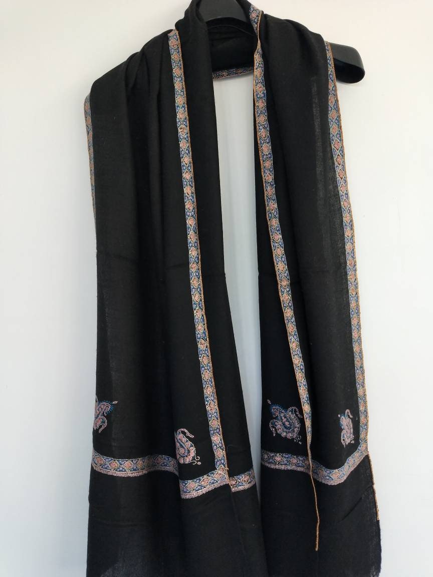 Black cashmere border embroidered pashmina, evening wrap, wedding shawl, cashmere stole, fashion Accessory, super soft  light weight shawl